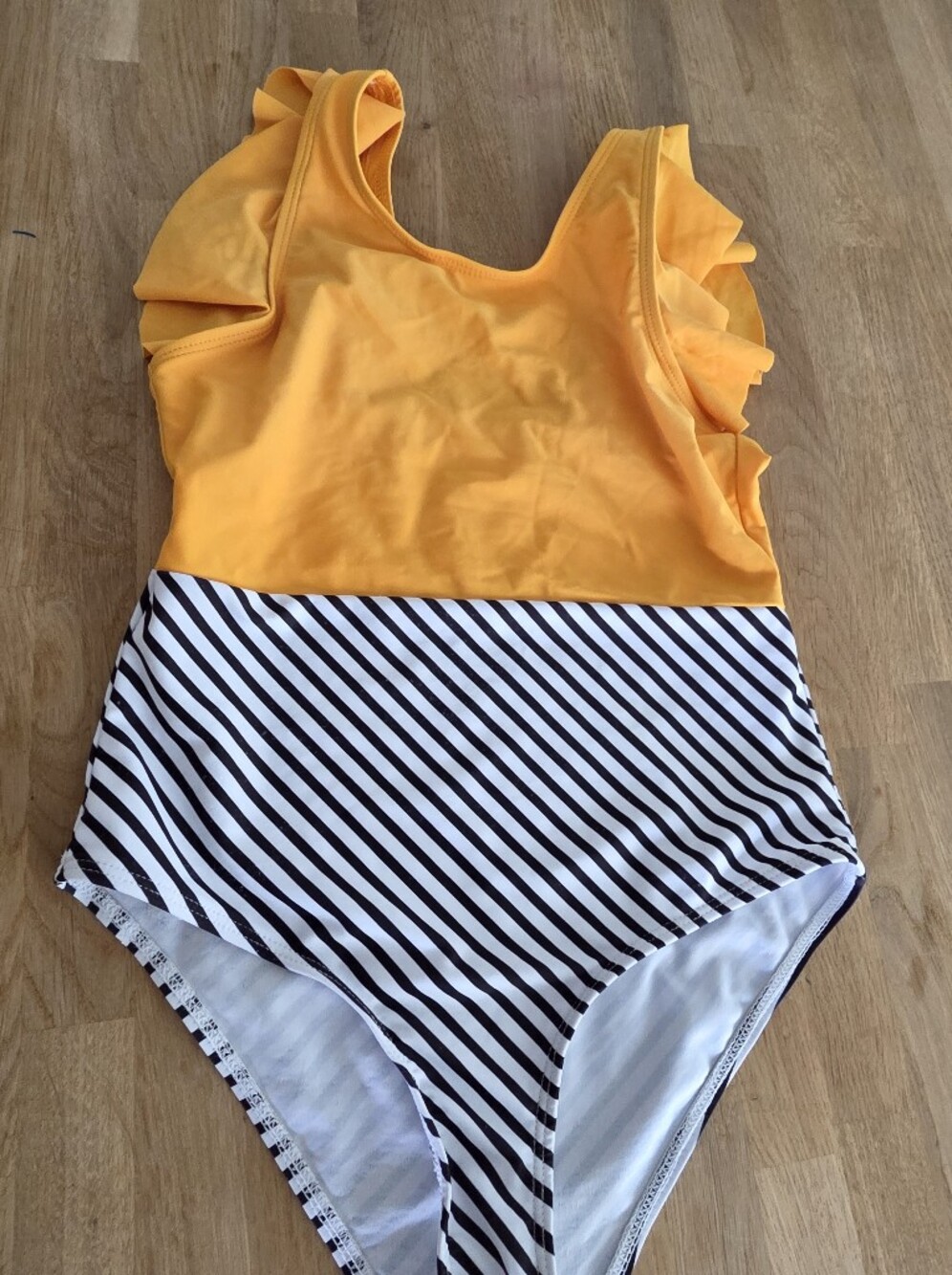 PatPat Girls Yellow Ruffle Shoulder One-Piece Swimsuit Black & White Stripes